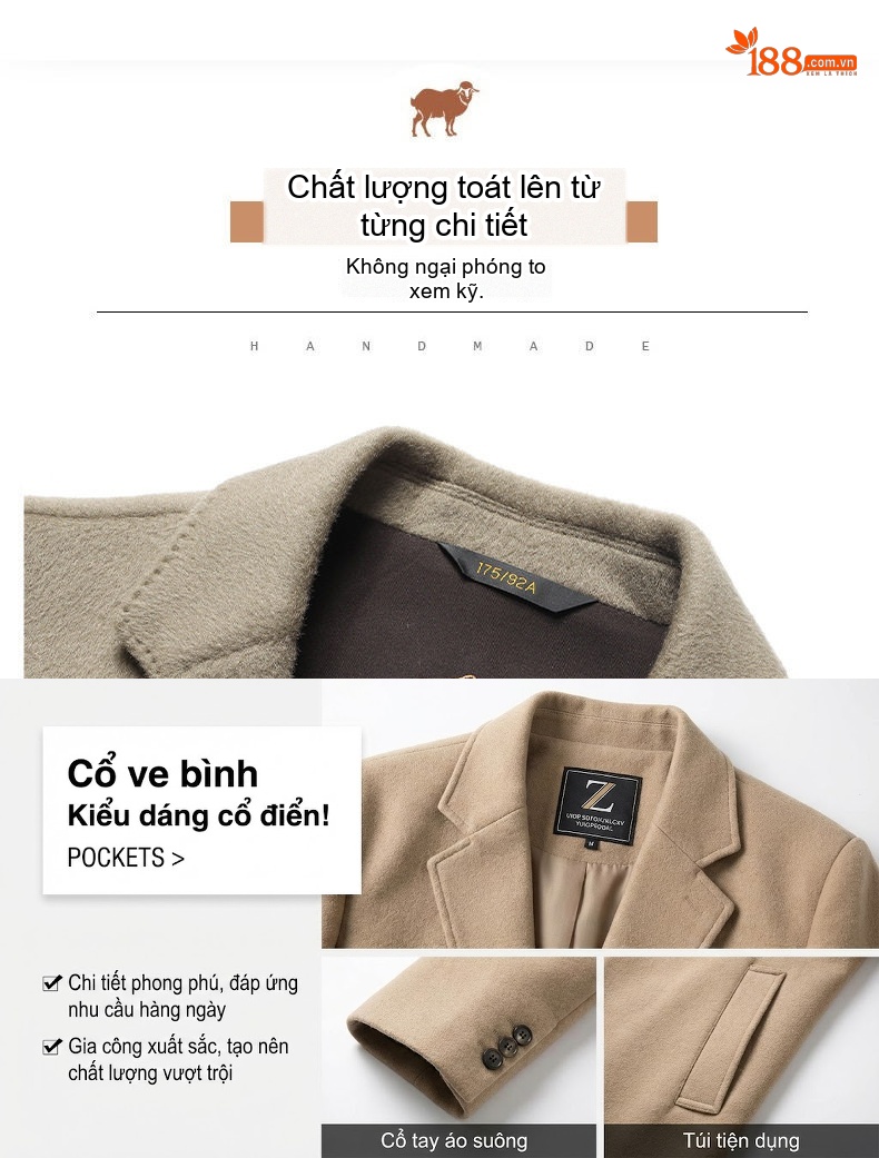 Áo Vest Blazer Nam 100% Lông Cừu Ngắn Tay Dáng Ôm Màu Nâu, Xanh Navy, Đen, Xám chi tiết 7
