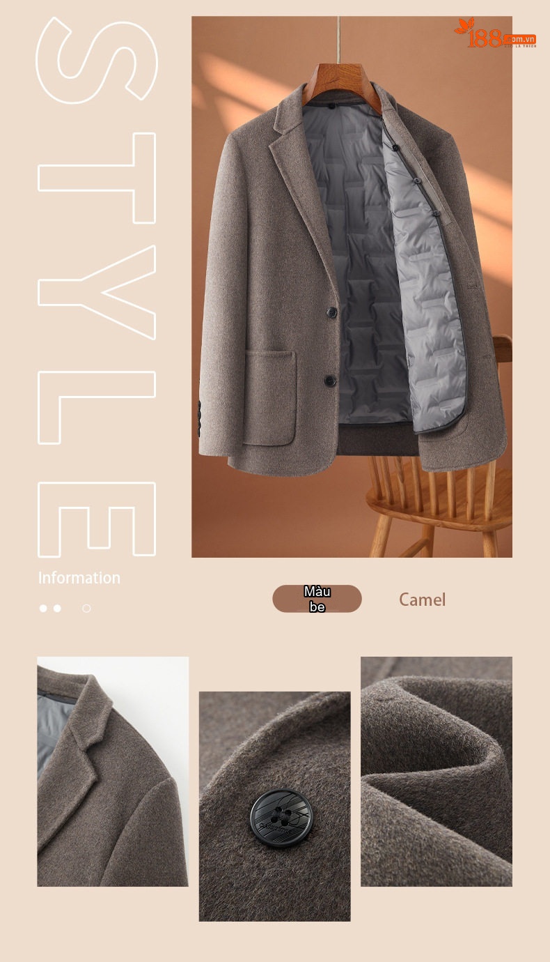 Áo Vest/Blazer Nam Lông Cừu Lót Lông Vũ Tháo Rời Màu Nâu, Xám, Đen chi tiết 12