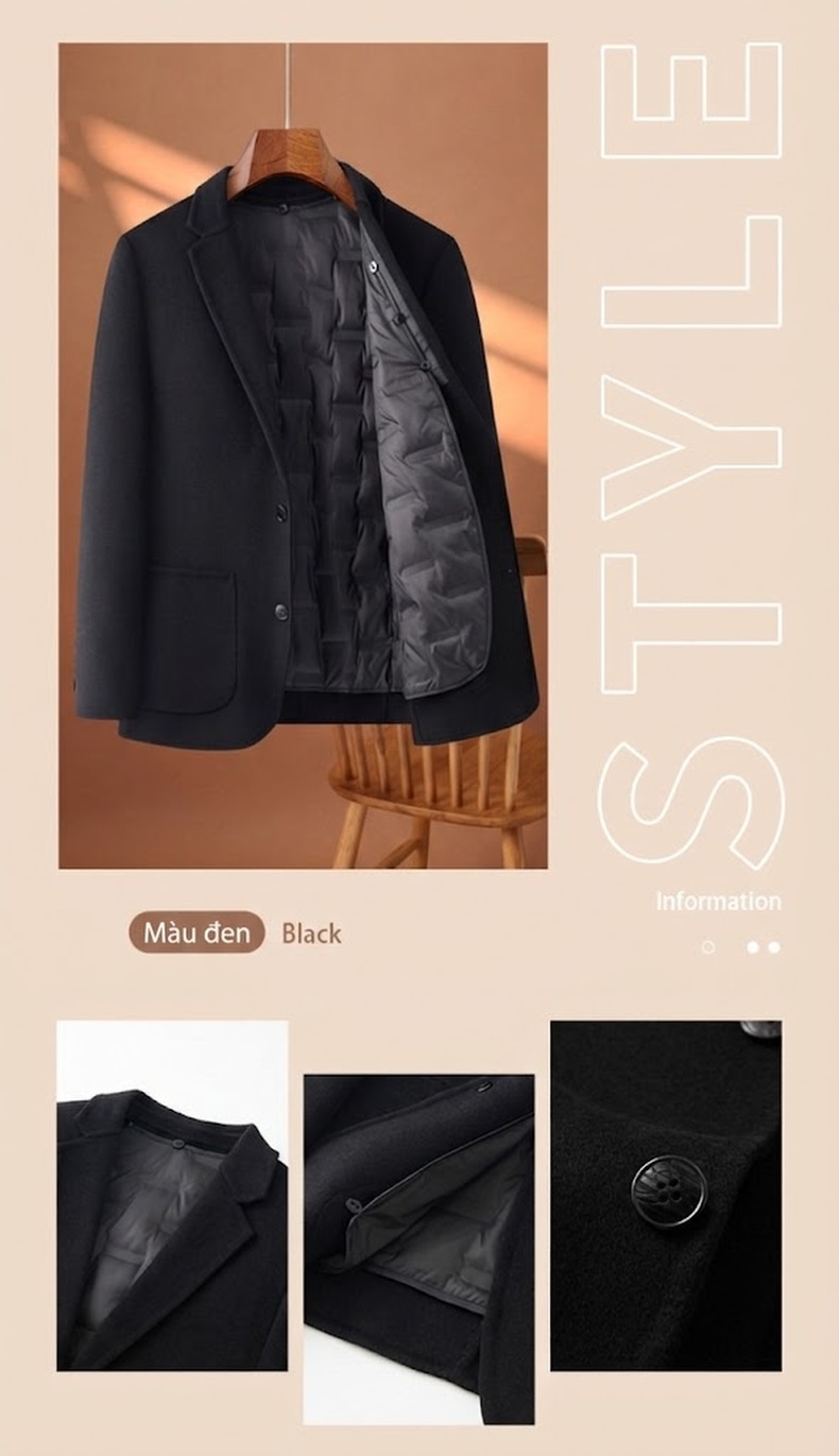 Áo Vest/Blazer Nam Lông Cừu Lót Lông Vũ Tháo Rời Màu Nâu, Xám, Đen chi tiết 13