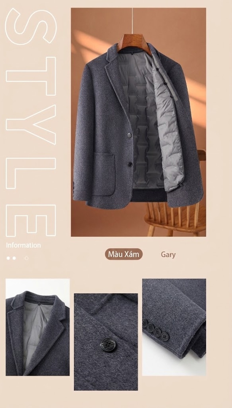 Áo Vest/Blazer Nam Lông Cừu Lót Lông Vũ Tháo Rời Màu Nâu, Xám, Đen chi tiết 14