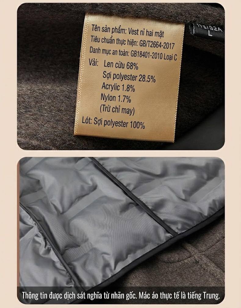 Áo Vest/Blazer Nam Lông Cừu Lót Lông Vũ Tháo Rời Màu Nâu, Xám, Đen chi tiết 18