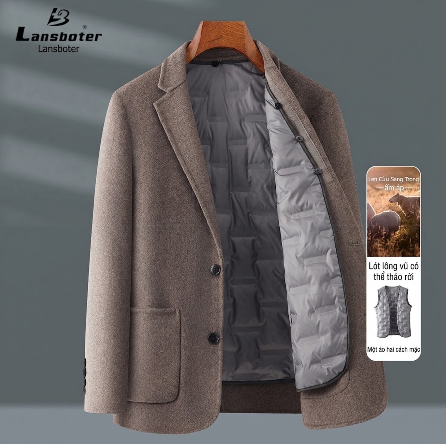 Áo Vest/Blazer Nam Lông Cừu Lót Lông Vũ Tháo Rời Màu Nâu, Xám, Đen