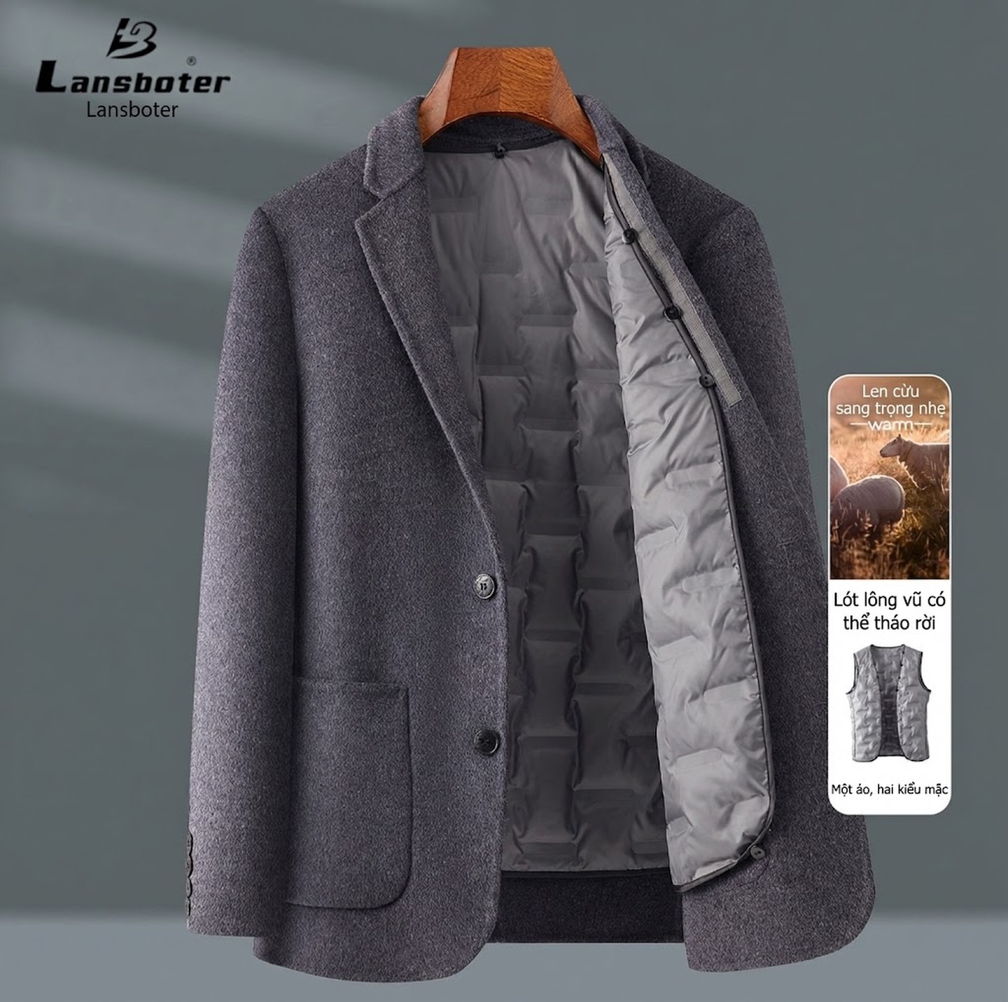 Áo Vest/Blazer Nam Lông Cừu Lót Lông Vũ Tháo Rời Màu Nâu, Xám, Đen