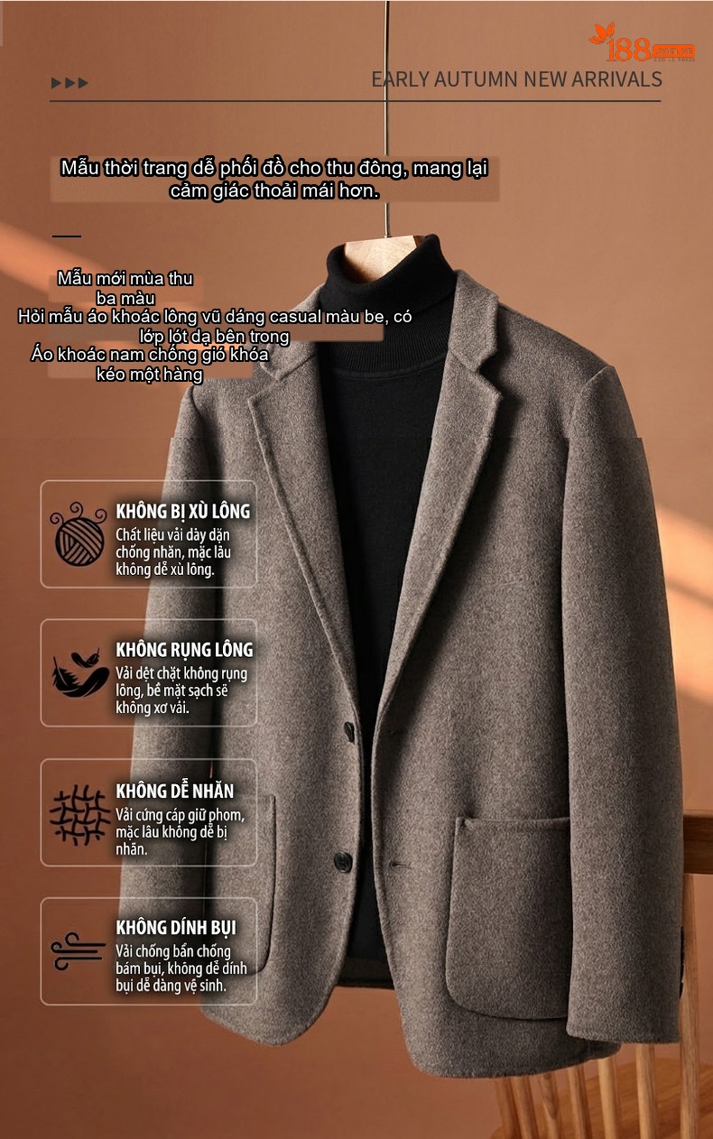 Áo Vest/Blazer Nam Lông Cừu Lót Lông Vũ Tháo Rời Màu Nâu, Xám, Đen chi tiết 4