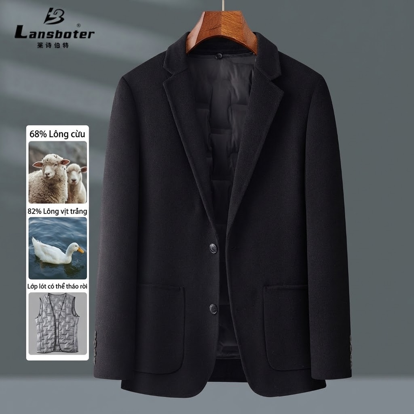 Áo Vest/Blazer Nam Lông Cừu Lót Lông Vũ Tháo Rời Màu Nâu, Xám, Đen