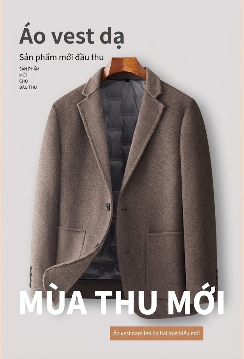 Áo Vest/Blazer Nam Lông Cừu Lót Lông Vũ Tháo Rời Màu Nâu, Xám, Đen chi tiết 1