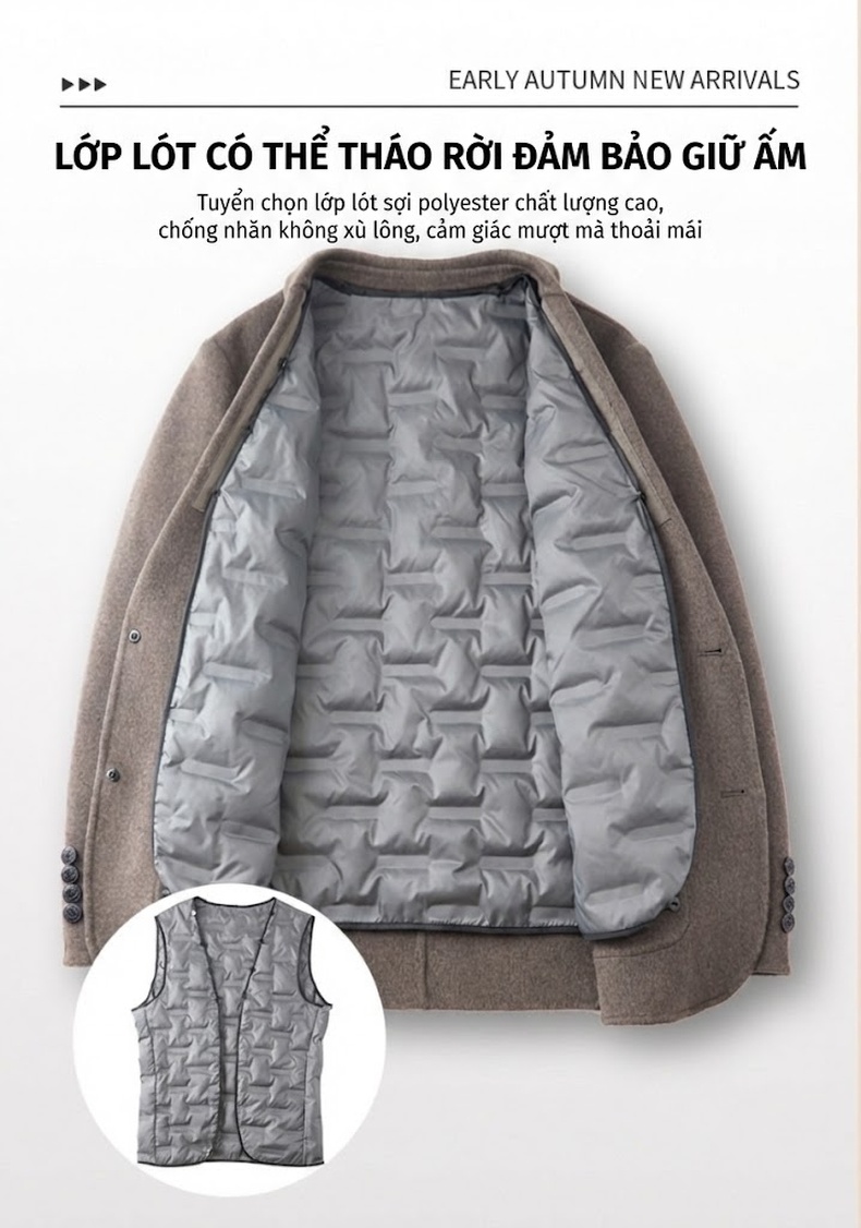 Áo Vest/Blazer Nam Lông Cừu Lót Lông Vũ Tháo Rời Màu Nâu, Xám, Đen chi tiết 8