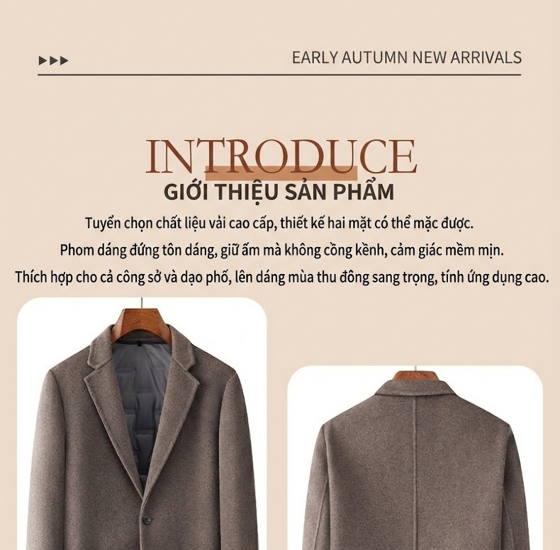Áo Vest/Blazer Nam Lông Cừu Lót Lông Vũ Tháo Rời Màu Nâu, Xám, Đen chi tiết 2