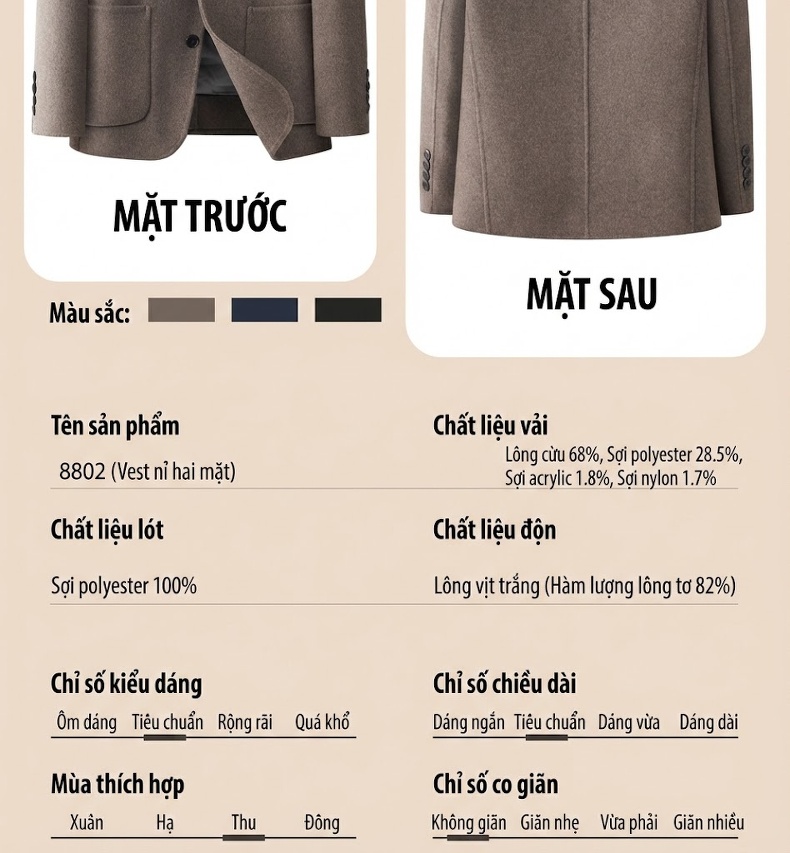Áo Vest/Blazer Nam Lông Cừu Lót Lông Vũ Tháo Rời Màu Nâu, Xám, Đen chi tiết 3