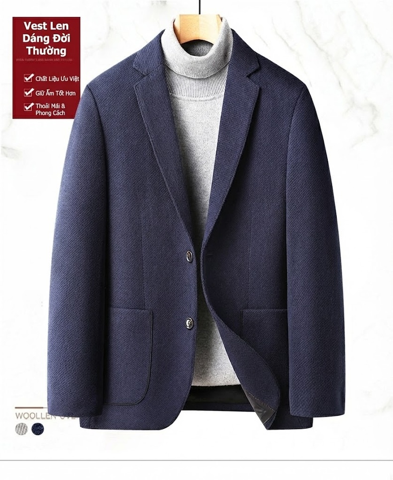 Áo Vest/Blazer Nam Thu Đông Wool (Lông Cừu) Dáng Ôm Thời Trang Màu Xám, Xanh Navy chi tiết 1