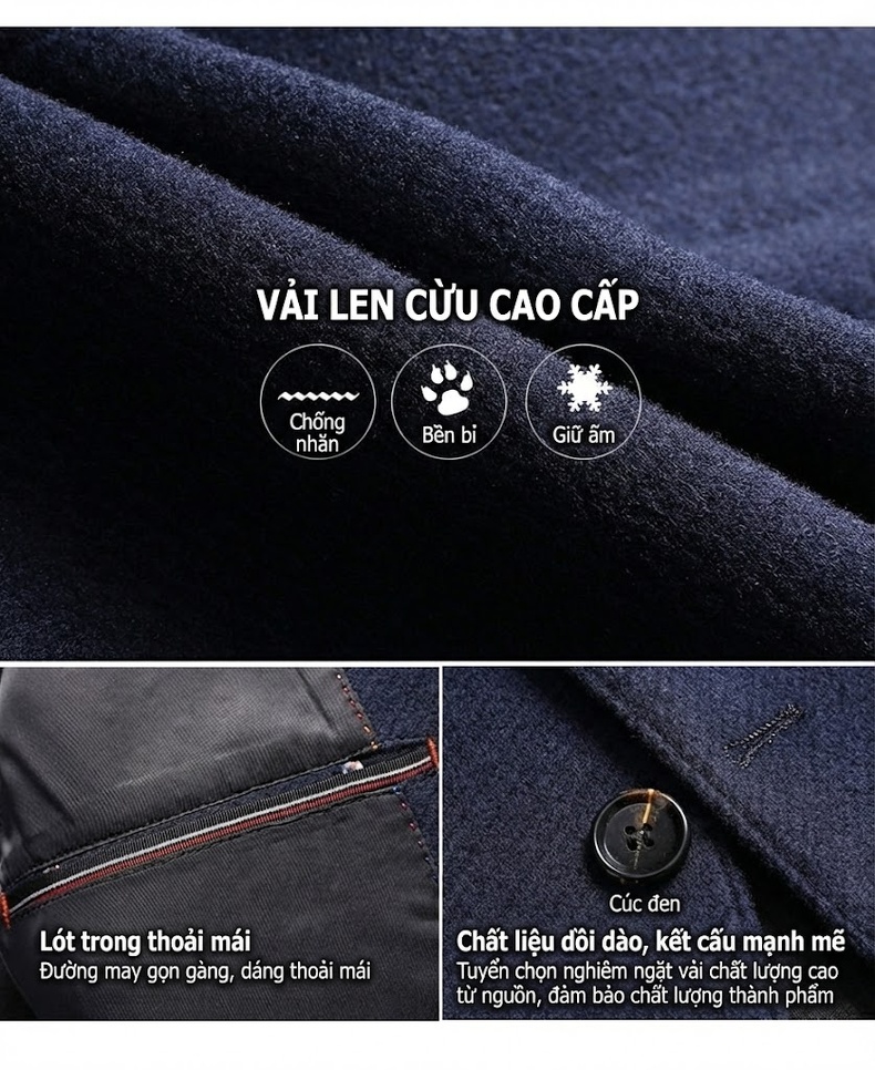 Áo Vest/Blazer Nam Thu Đông Wool (Lông Cừu) Dáng Ôm Thời Trang Màu Xám, Xanh Navy chi tiết 4