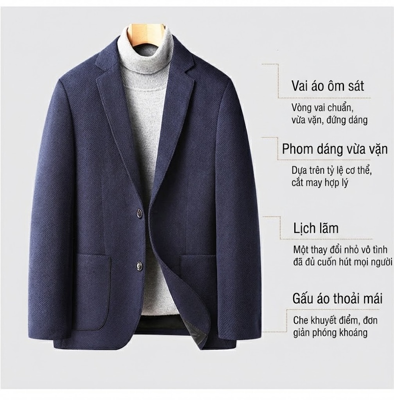 Áo Vest/Blazer Nam Thu Đông Wool (Lông Cừu) Dáng Ôm Thời Trang Màu Xám, Xanh Navy chi tiết 6