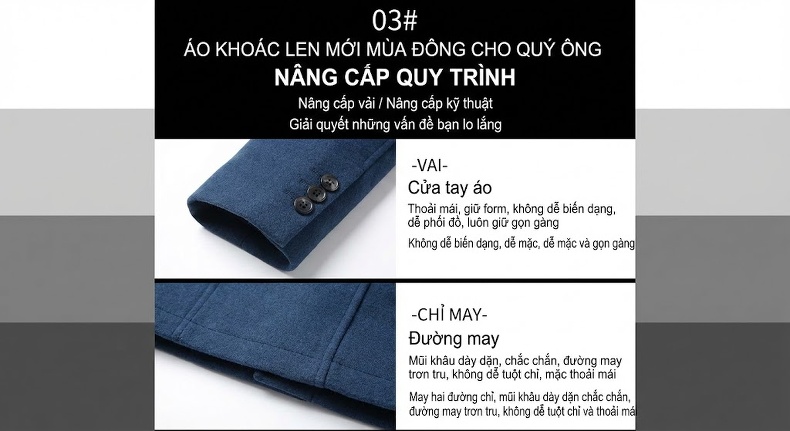 Áo Vest/Blazer Nam Thu Đông Wool (Lông Cừu) Dáng Ôm Thời Trang Màu Xám, Xanh Navy chi tiết 9