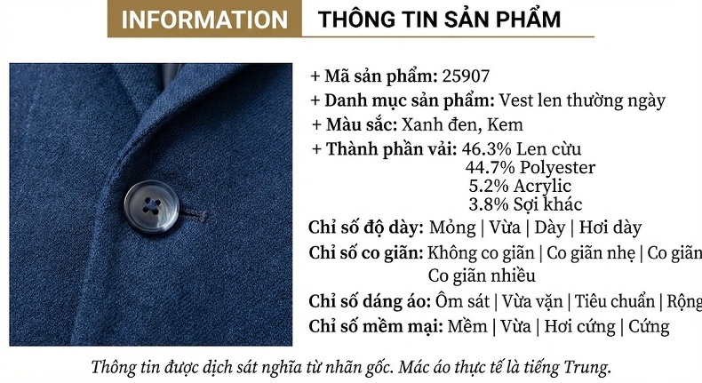 Áo Vest/Blazer Nam Thu Đông Wool (Lông Cừu) Dáng Ôm Thời Trang Màu Xám, Xanh Navy chi tiết 10