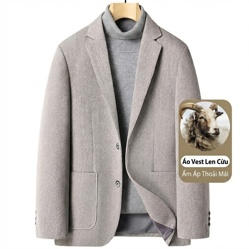 Áo Vest/Blazer Nam Thu Đông Wool (Lông Cừu) Dáng Ôm Thời Trang Màu Xám, Xanh Navy