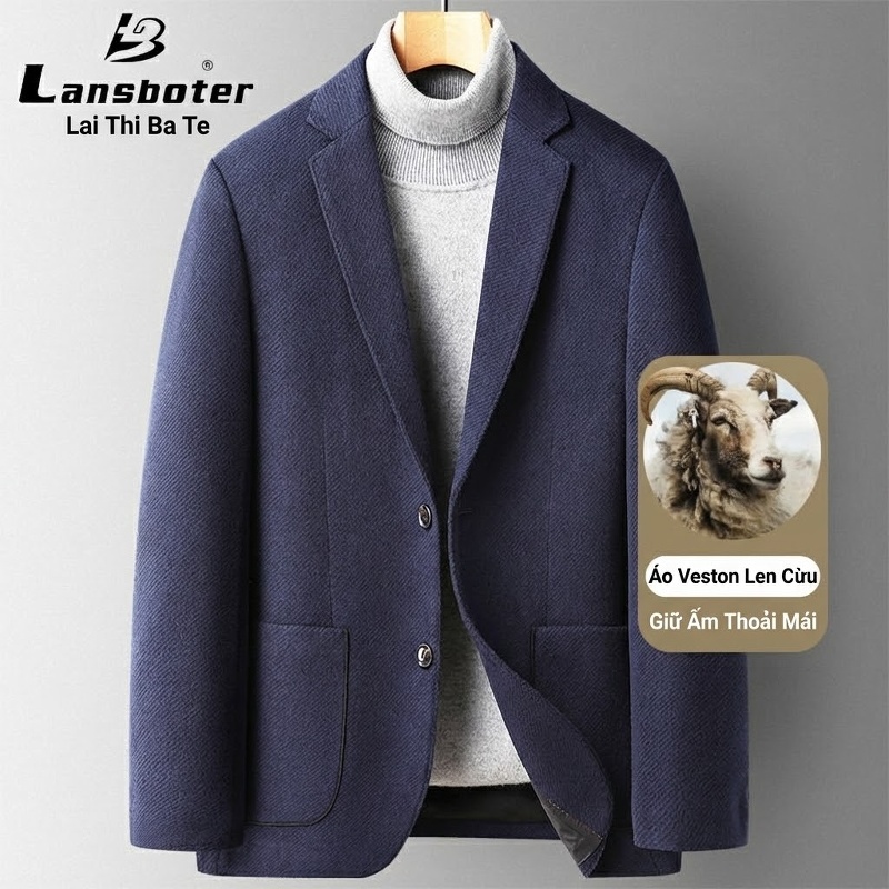 Áo Vest/Blazer Nam Thu Đông Wool (Lông Cừu) Dáng Ôm Thời Trang Màu Xám, Xanh Navy