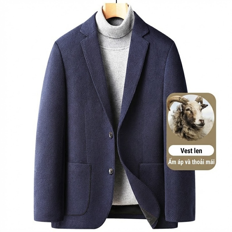 Áo Vest/Blazer Nam Thu Đông Wool (Lông Cừu) Dáng Ôm Thời Trang Màu Xám, Xanh Navy