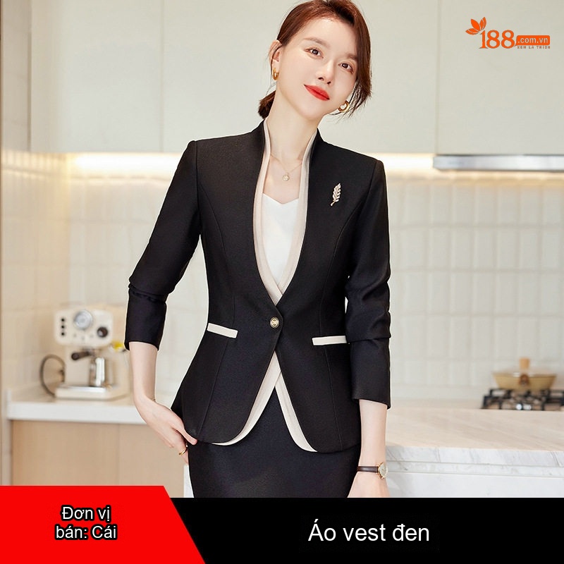 Áo Vest Bộ Chân Váy Công Sở Nữ Dáng Ôm Không Cổ Thiết Kế Giả Hai Lớp Màu Be, Đen