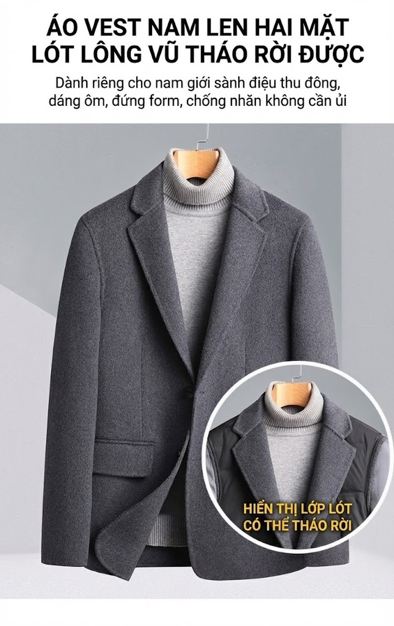 Áo Vest Nam Dáng Ôm Vừa Vặn Lớp Lót Lông Vũ Tháo Rời Chất Liệu Lông Cừu Màu Đen, Xám chi tiết 22