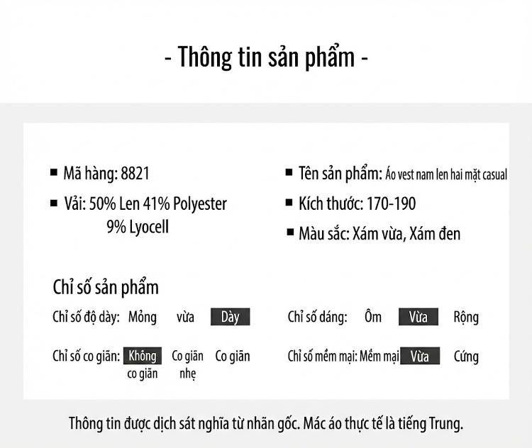 Áo Vest Nam Kẻ Sọc Dáng Ôm Thủ Công Chất Liệu Len Lông Cừu Dày Dặn Màu Xám chi tiết 9