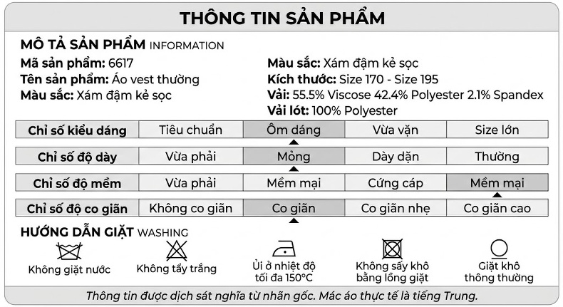 Áo Vest Nam Kẻ Sọc Thu Đông Co Giãn Không Nhăn Chống Bám Bẩn Màu Xám chi tiết 9