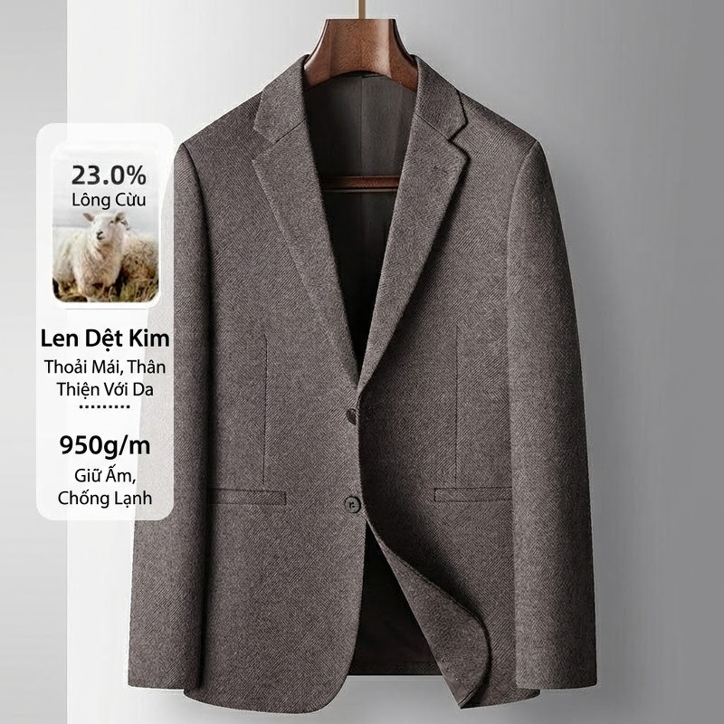 Áo Vest Nam Len Lông Cừu Dáng Ôm Màu Xám
