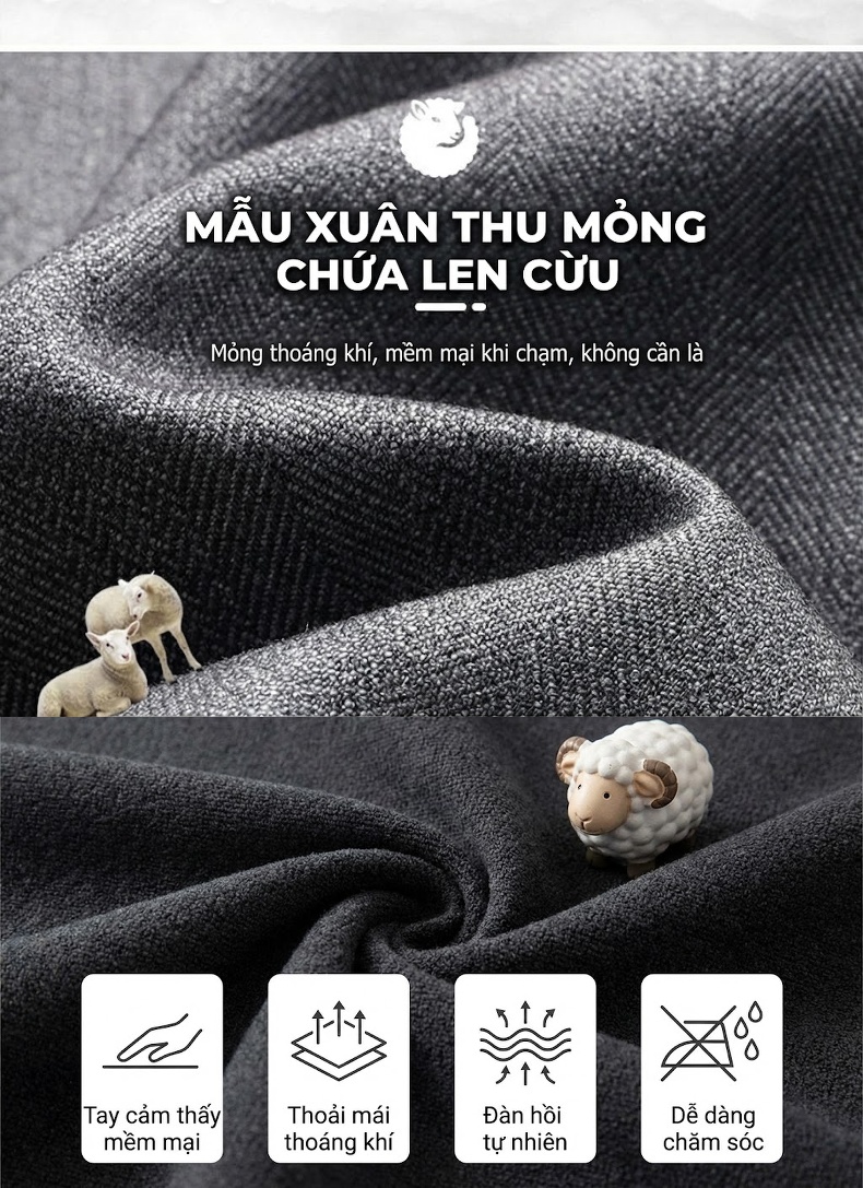 Áo Vest Nam Lông Cừu Có Len Kiểu Hàn Quốc Dáng Ôm Chống Nhăn Màu Xám, Xanh Navy, Đen chi tiết 4