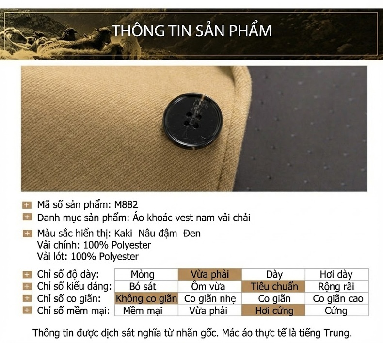 Áo Vest Nam Lông Cừu Mỏng Phong Cách Hàn Quốc Màu Nâu, Be, Đen chi tiết 7