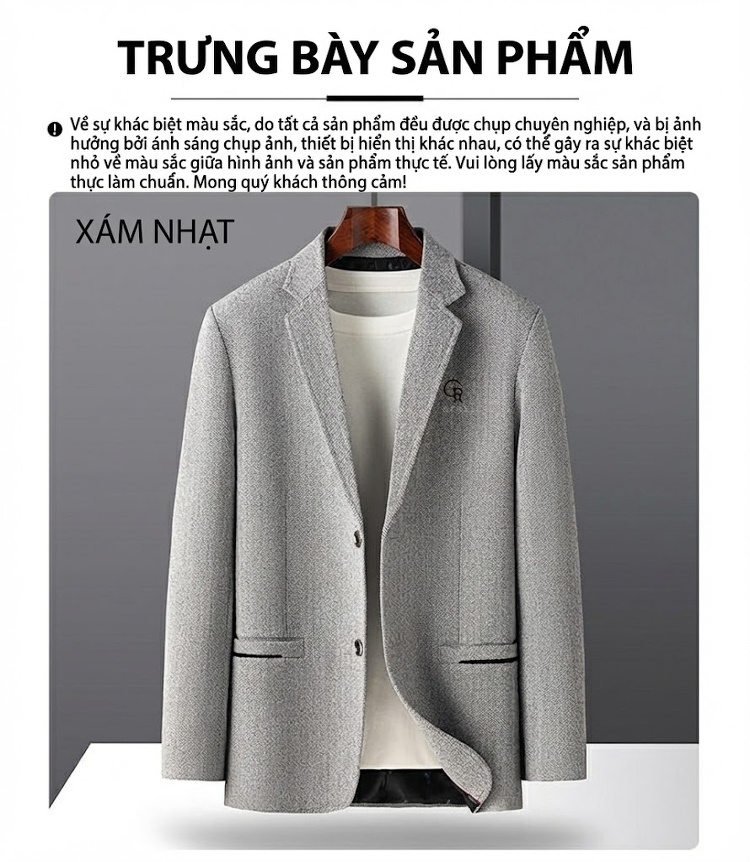 Áo Vest Nam 毛呢 (Mao Ni) Một Hàng Khuy Thêu Hoa Phong Cách Business Casual Màu Be, Xám, Xanh Navy chi tiết 10