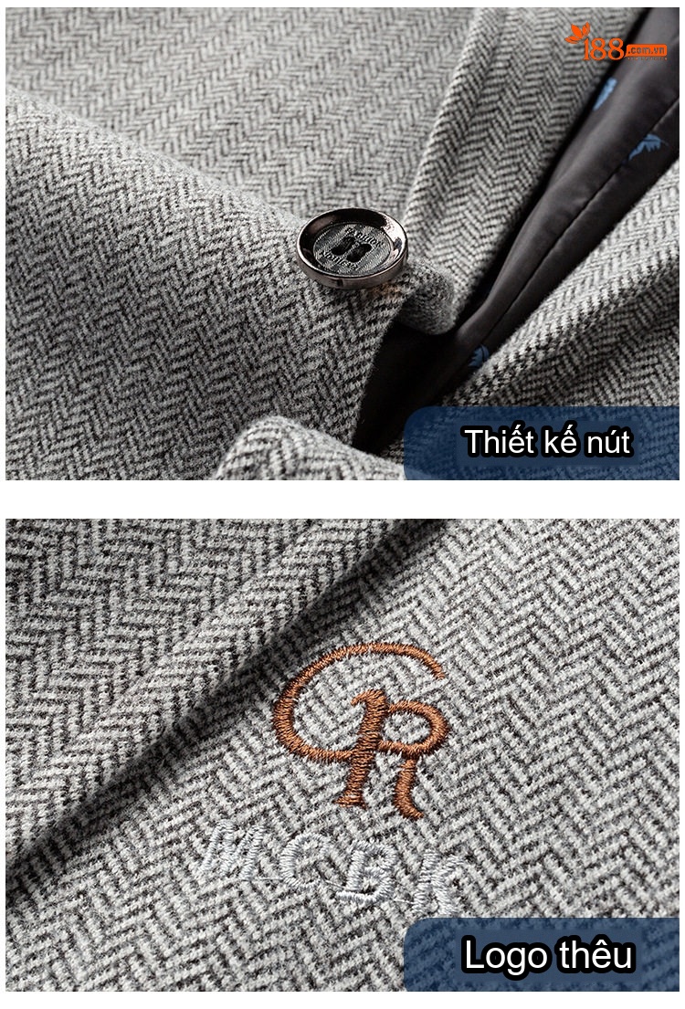Áo Vest Nam 毛呢 (Mao Ni) Một Hàng Khuy Thêu Hoa Phong Cách Business Casual Màu Be, Xám, Xanh Navy chi tiết 15