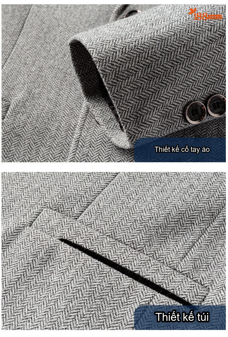 Áo Vest Nam 毛呢 (Mao Ni) Một Hàng Khuy Thêu Hoa Phong Cách Business Casual Màu Be, Xám, Xanh Navy chi tiết 16