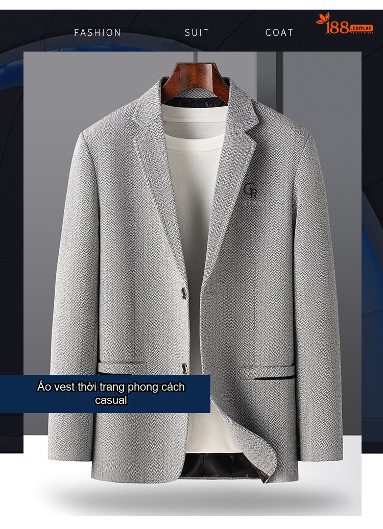 Áo Vest Nam 毛呢 (Mao Ni) Một Hàng Khuy Thêu Hoa Phong Cách Business Casual Màu Be, Xám, Xanh Navy chi tiết 1
