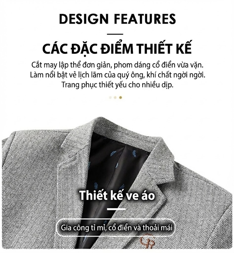 Áo Vest Nam 毛呢 (Mao Ni) Một Hàng Khuy Thêu Hoa Phong Cách Business Casual Màu Be, Xám, Xanh Navy chi tiết 2