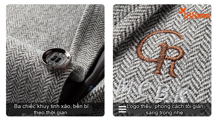 Áo Vest Nam 毛呢 (Mao Ni) Một Hàng Khuy Thêu Hoa Phong Cách Business Casual Màu Be, Xám, Xanh Navy chi tiết 3