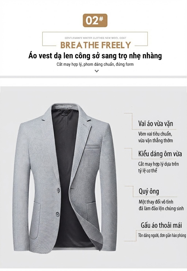 Áo Vest Nam Thu Đông Chứa Lông Cừu, Dáng Ôm, Không Nhăn Màu Kem, Xám chi tiết 5