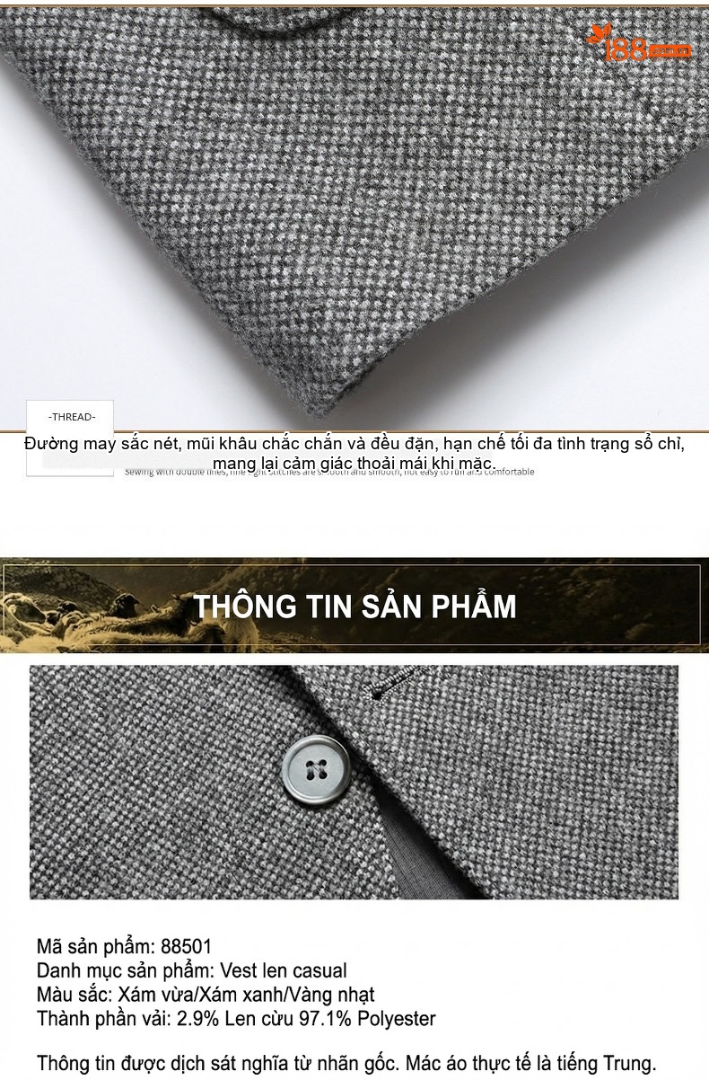 Áo Vest Nam Thu Đông Chứa Lông Cừu, Dáng Ôm, Không Nhăn Màu Kem, Xám chi tiết 8