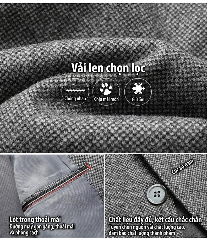 Áo Vest Nam Thu Đông Chứa Lông Cừu, Dáng Ôm, Không Nhăn Màu Kem, Xám chi tiết 4