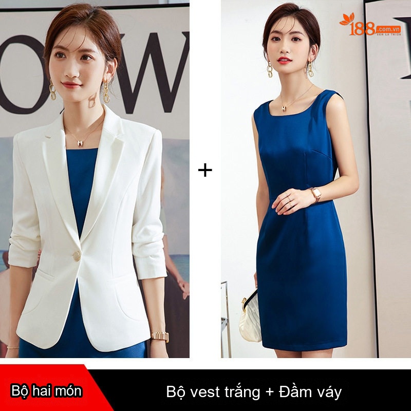 Áo Vest Nữ Tay Dài Set Đầm Công Sở Hai Món Màu Đỏ, Trắng, Đen, Xanh