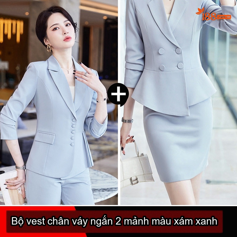 Áo Vest Nữ Tay Lỡ Quần/Chân Váy Set Công Sở Cao Cấp Màu Đỏ Rượu Vang, Đen, Xám Xanh, Xanh Đậm
