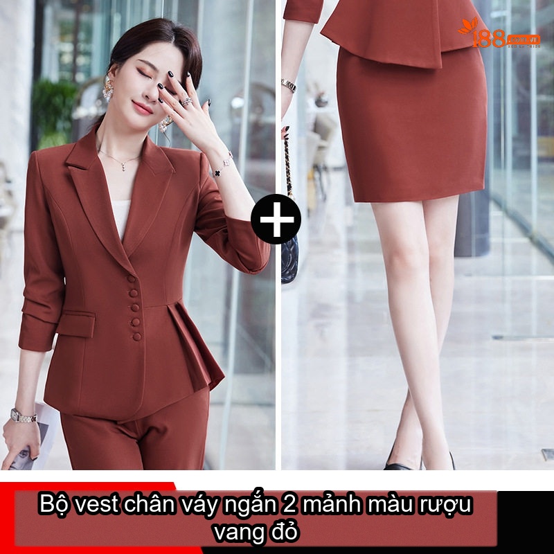 Áo Vest Nữ Tay Lỡ Quần/Chân Váy Set Công Sở Cao Cấp Màu Đỏ Rượu Vang, Đen, Xám Xanh, Xanh Đậm