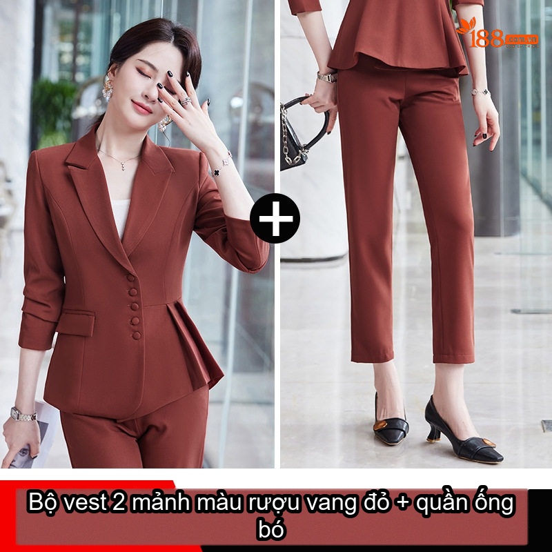 Áo Vest Nữ Tay Lỡ Quần/Chân Váy Set Công Sở Cao Cấp Màu Đỏ Rượu Vang, Đen, Xám Xanh, Xanh Đậm