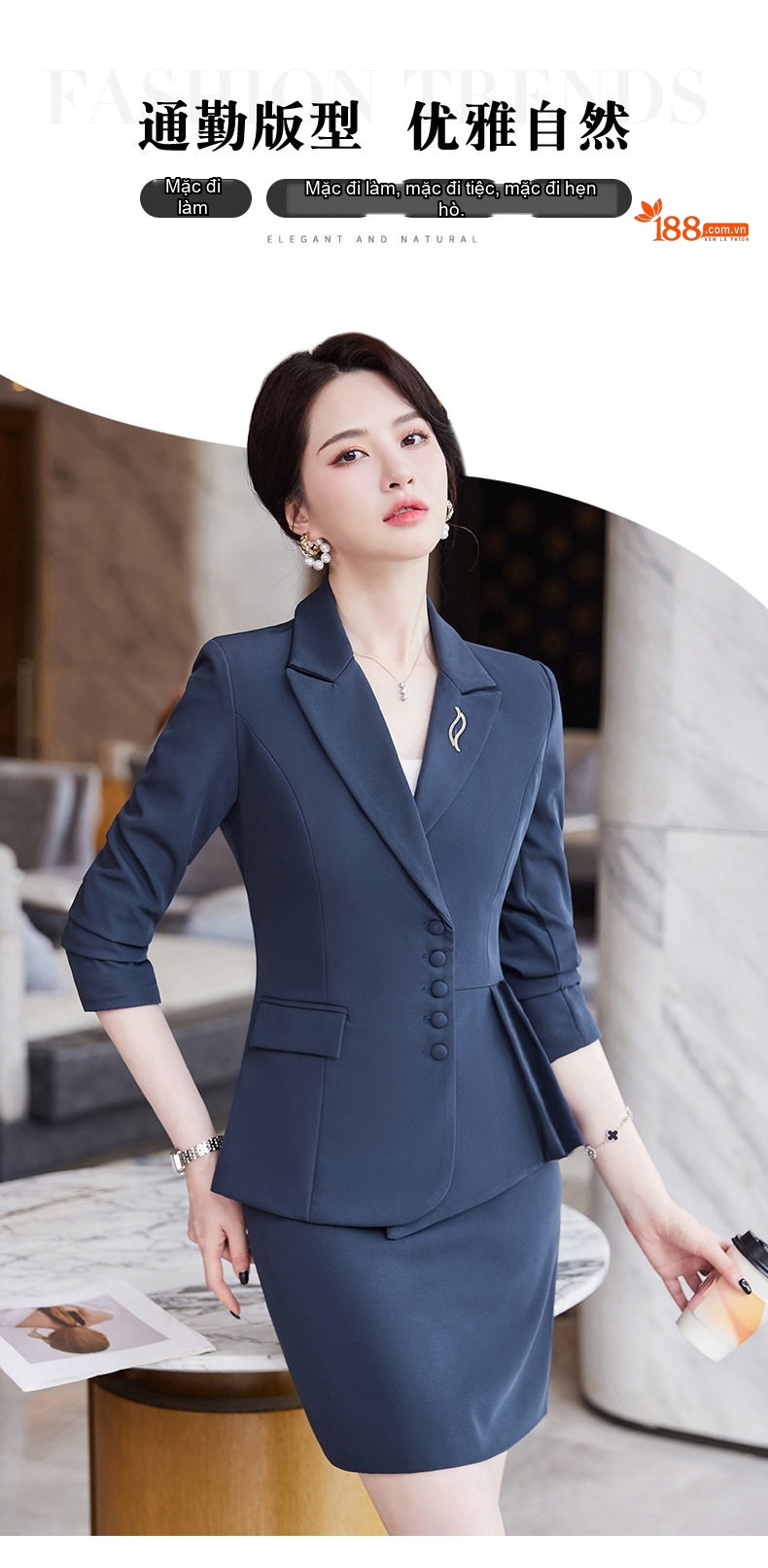 Áo Vest Nữ Tay Lỡ Quần/Chân Váy Set Công Sở Cao Cấp Màu Đỏ Rượu Vang, Đen, Xám Xanh, Xanh Đậm chi tiết 3