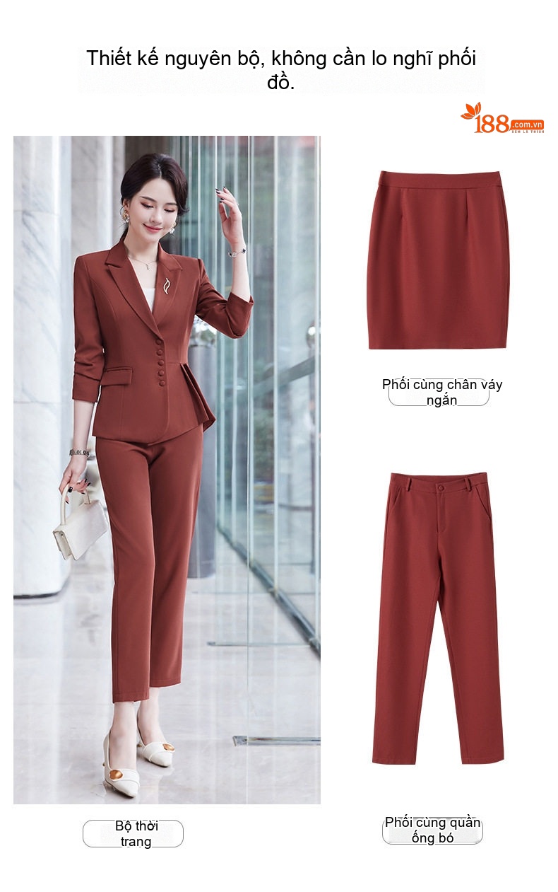 Áo Vest Nữ Tay Lỡ Quần/Chân Váy Set Công Sở Cao Cấp Màu Đỏ Rượu Vang, Đen, Xám Xanh, Xanh Đậm chi tiết 7