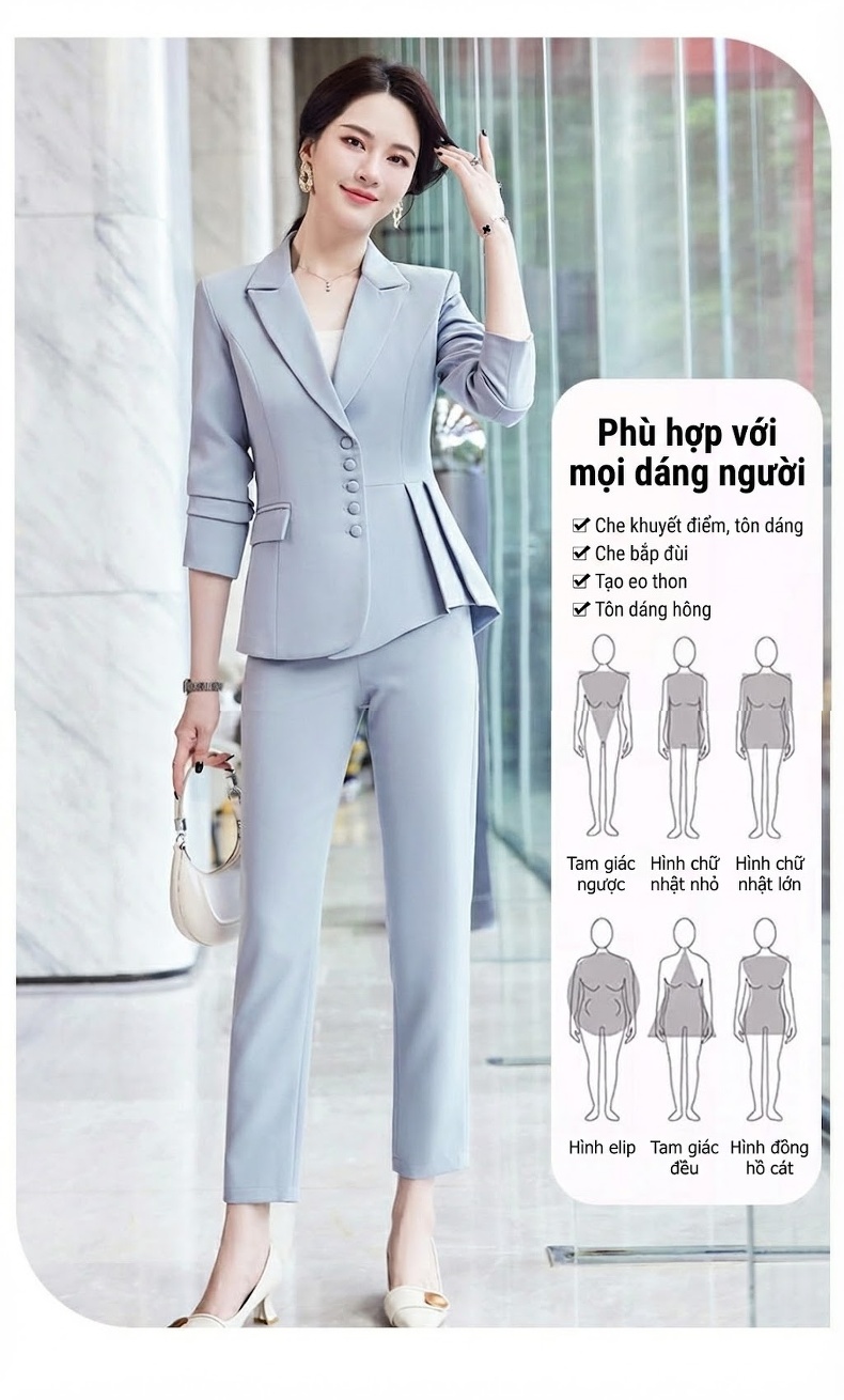 Áo Vest Nữ Tay Lỡ Quần/Chân Váy Set Công Sở Cao Cấp Màu Đỏ Rượu Vang, Đen, Xám Xanh, Xanh Đậm chi tiết 4