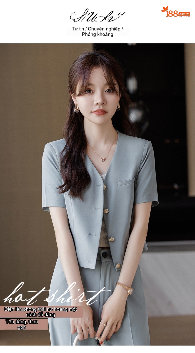 Áo Vest Nữ Tay Ngắn Dáng Ngắn Phong Cách Tiểu Thư Màu Xanh, Trắng, Đen chi tiết 3