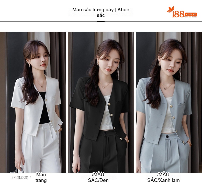 Áo Vest Nữ Tay Ngắn Dáng Ngắn Phong Cách Tiểu Thư Màu Xanh, Trắng, Đen chi tiết 5