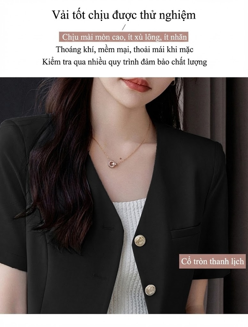 Áo Vest Nữ Tay Ngắn Dáng Ngắn Phong Cách Tiểu Thư Màu Xanh, Trắng, Đen chi tiết 6