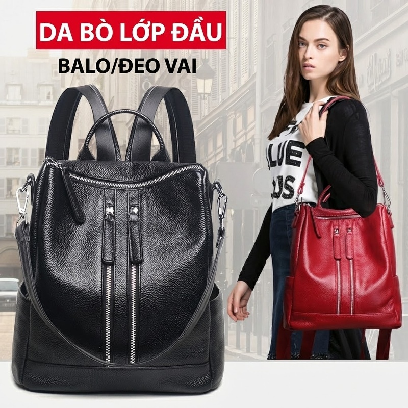 Balo Da Bò Chống Nước Phong Cách Nhật Hàn Màu Đen, Đỏ, Xám, Xanh Navy