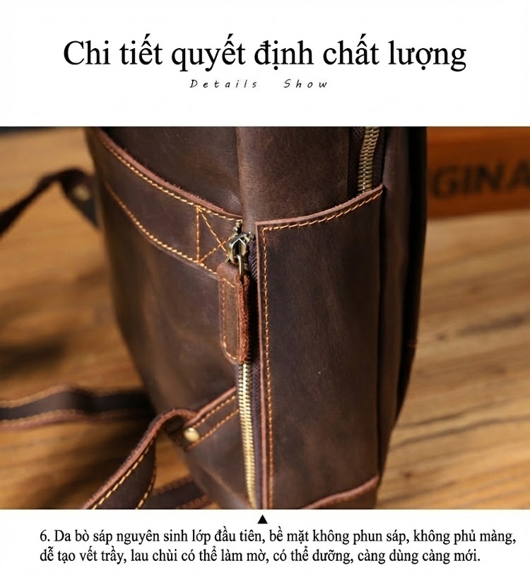 Balo Da Bò Crazy Horse Vintage Đựng Laptop 15.6 inch Màu Nâu chi tiết 10