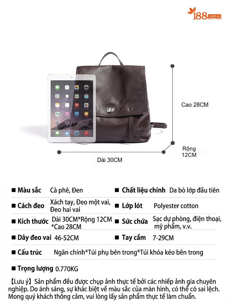 Balo Da Bò Đầu Lớp Thực Vật Mới 2025 Sức Chứa Lớn Du Lịch Đeo Vai Đi Làm Màu Nâu, Đen chi tiết 7